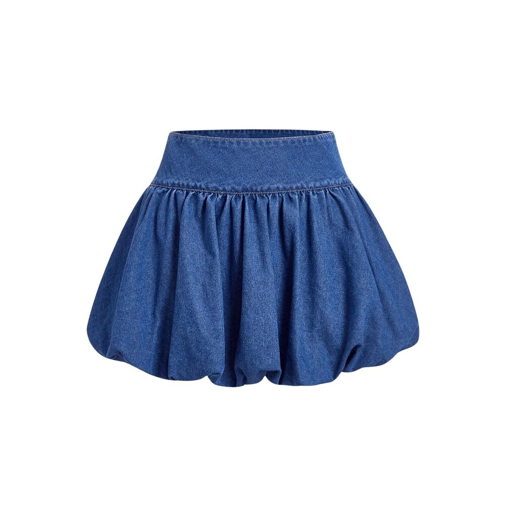 9698 High Waisted A Line Bubble Denim Mini Skirt Puffy Short Skirts Blue